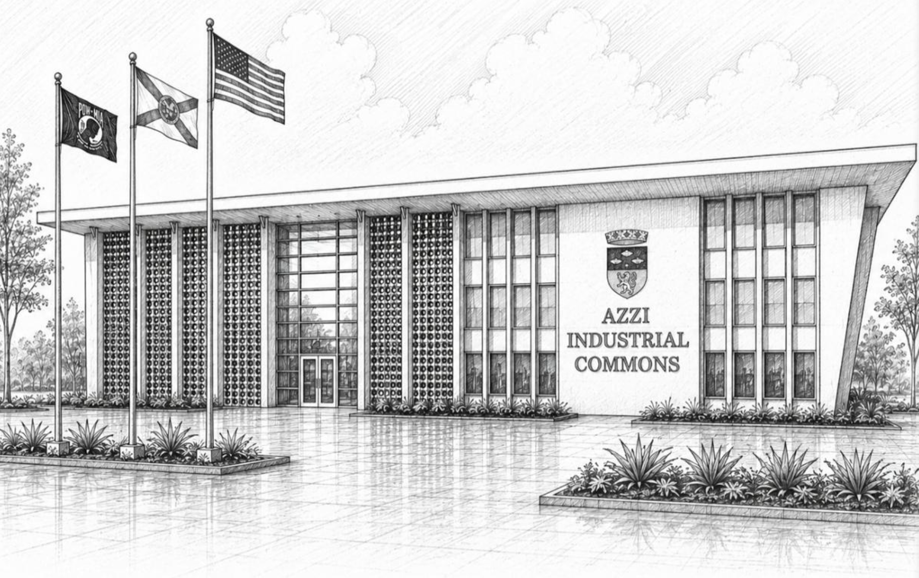 Conceptual pencil rendering of the Azzi Industrial Commons building